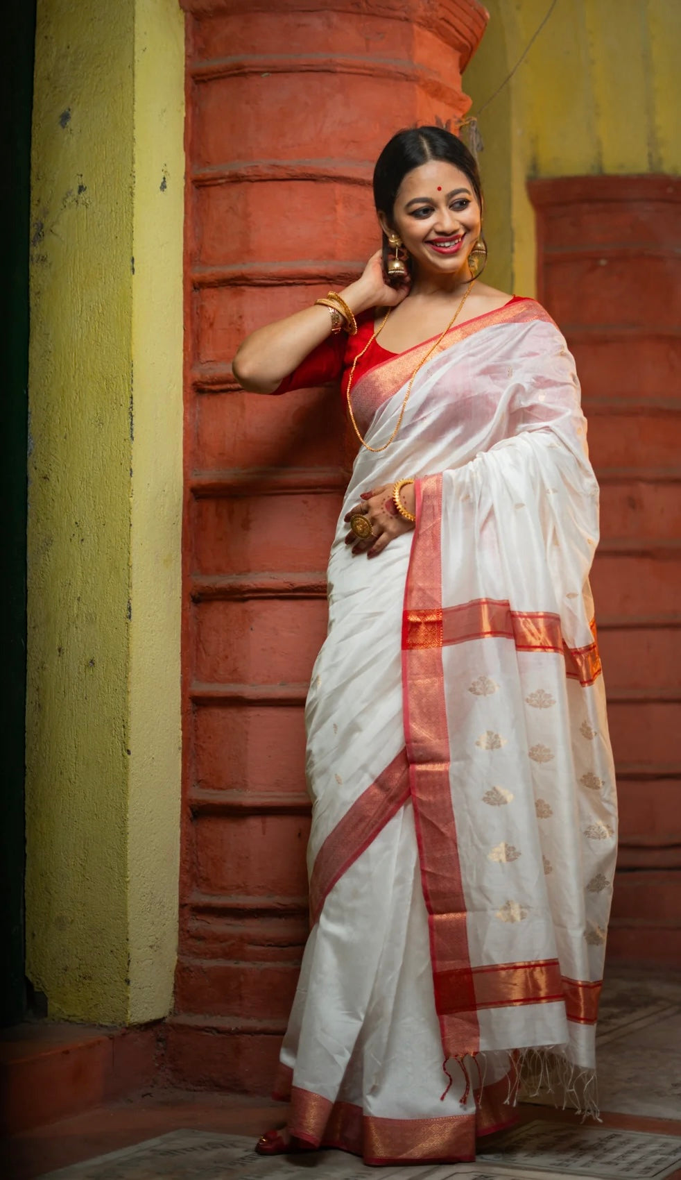 White and Red Chanderi Cotton Silk Saree
