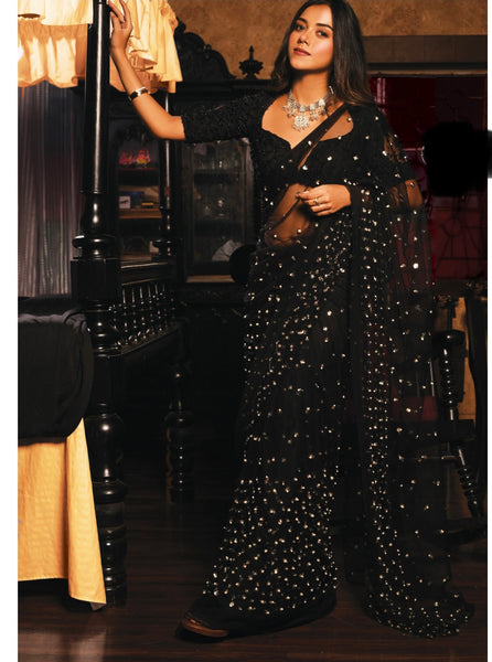 Black Net Silk Saree with Gold Embroidered Blouse