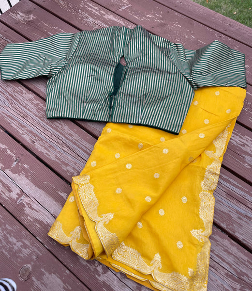 Yellow Muga Silk Saree with Green Readymade Blouse