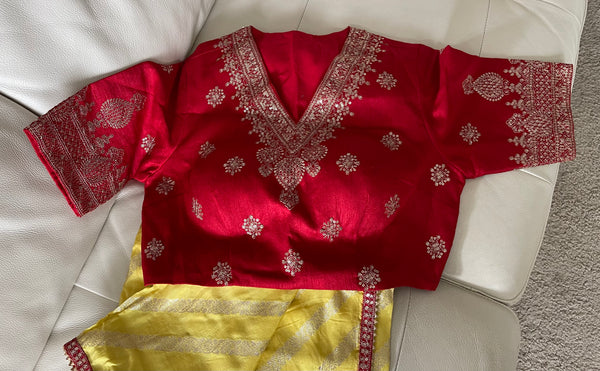 Yellow Muga Silk Saree with Red Readymade Blouse