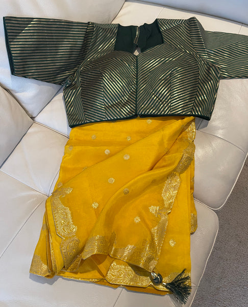 Yellow Muga Silk Saree with Green Readymade Blouse