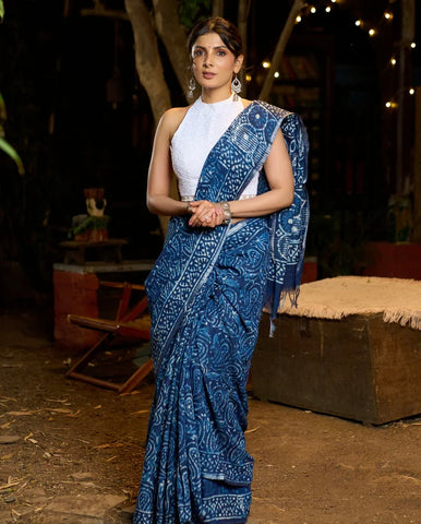 Blue Indigo Chanderi Silk Saree with Bagru Block Print