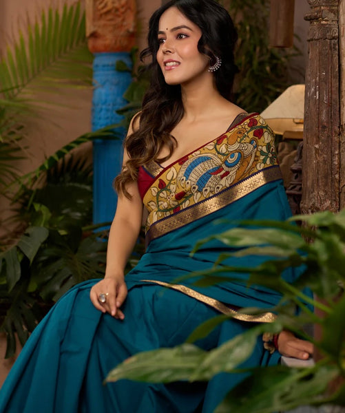 Teal cotton saree with Kalamkari border