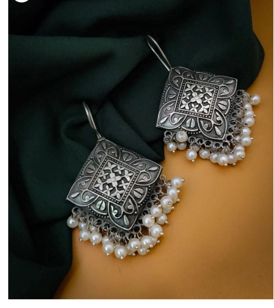 Silver Square Oxidised Jhumka Earrings