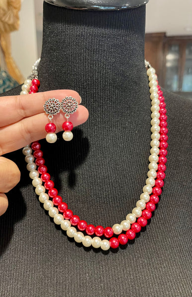 Dual Layered Cherry Red and Shell Pearl Necklace Earring Set