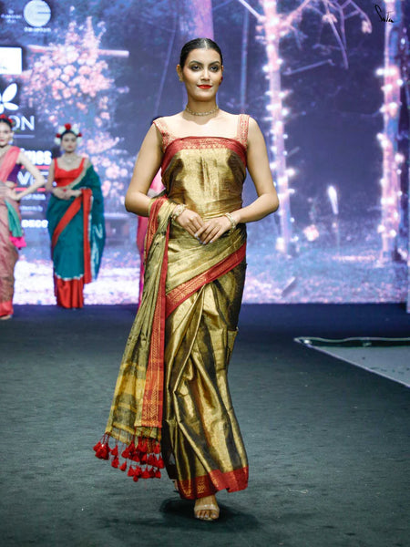 Dual-colored Gold Tissue Cotton Saree With Red Jacquard Border