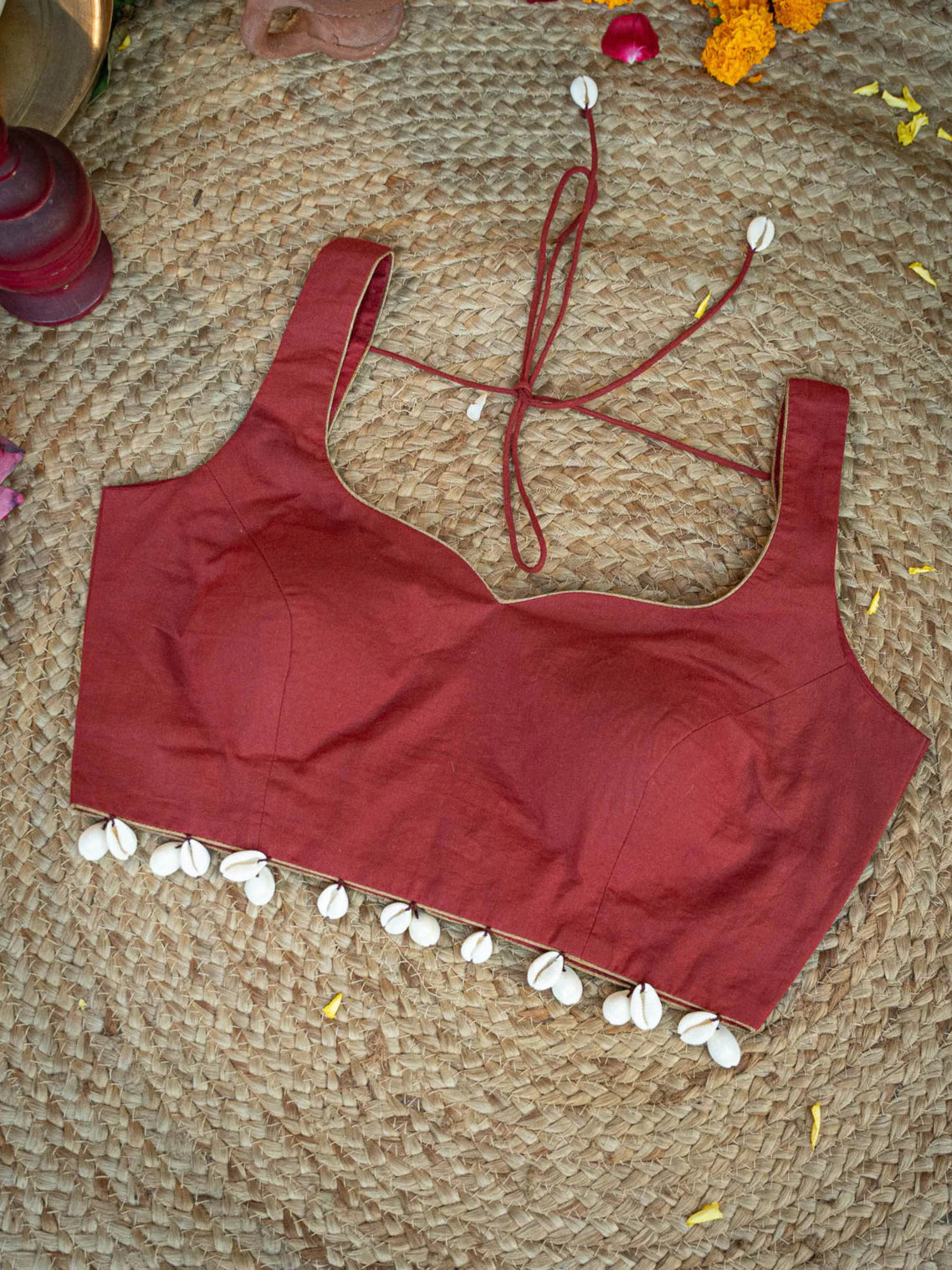 Maroon Cotton Blouse With Dome Neckline And Sleeveless Cut