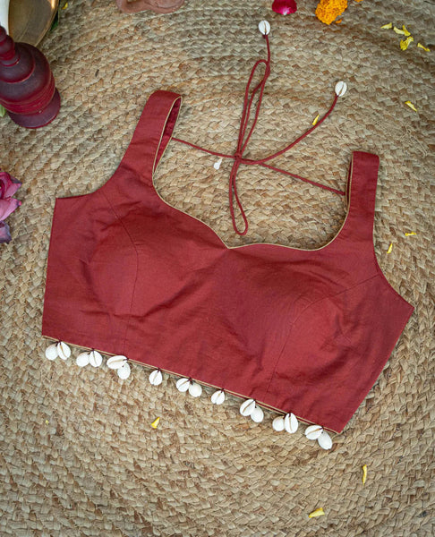 Maroon Cotton Blouse With Dome Neckline And Sleeveless Cut