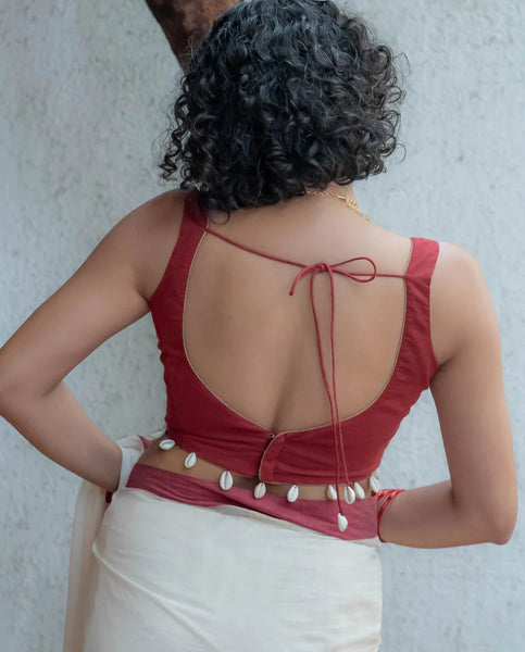 Maroon Cotton Blouse With Dome Neckline And Sleeveless Cut