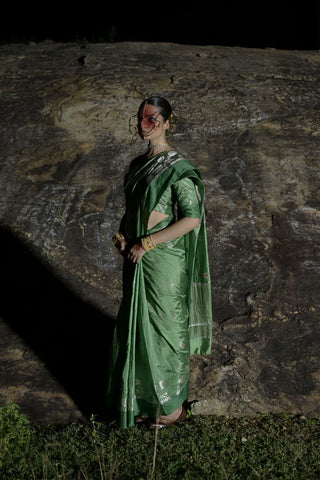Leaf Green Handwoven Katan Banarasi Saree with Floral Butis