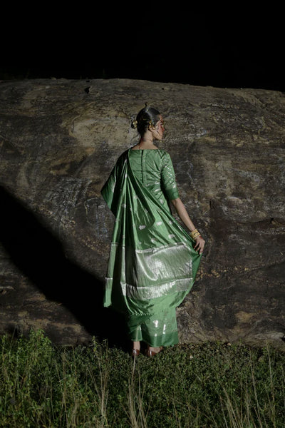 Leaf Green Handwoven Katan Banarasi Saree with Floral Butis