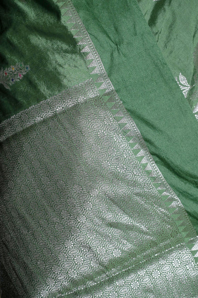 Leaf Green Handwoven Katan Banarasi Saree with Floral Butis