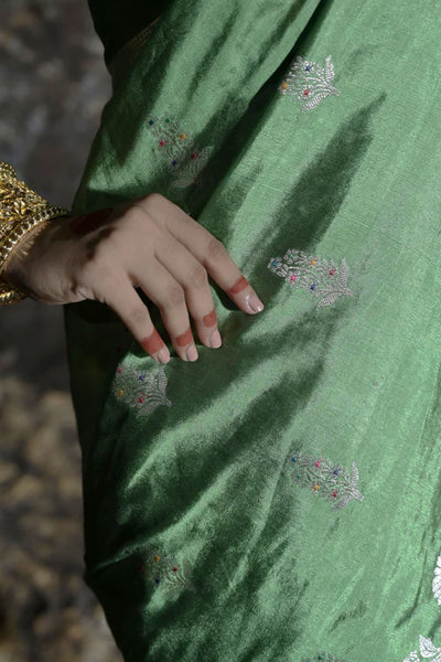 Leaf Green Handwoven Katan Banarasi Saree with Floral Butis