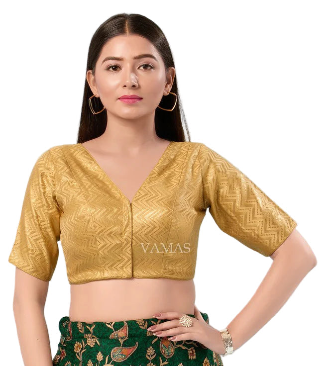 Women's Brocade Padded Front Open Elbow Sleeves Saree Blouse