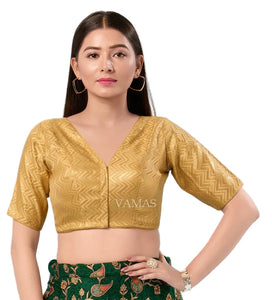 Women's Brocade Padded Front Open Elbow Sleeves Saree Blouse
