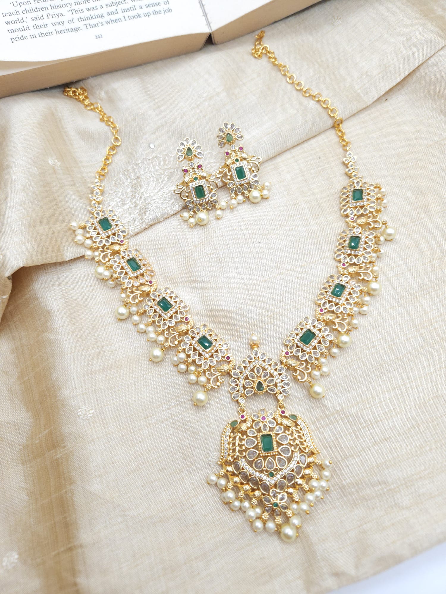 Gold Plated Brass Necklace with Green and CZ Stones