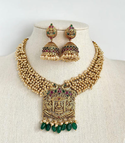 Ruby Green Antique Gold Temple Necklace Set