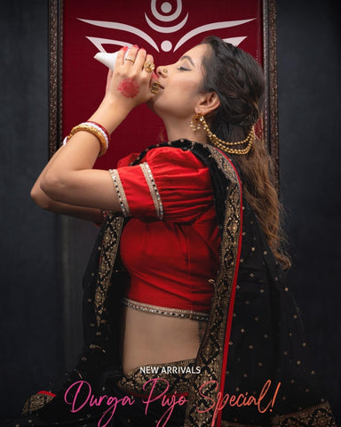 Black Chanderi saree with overall Gold Butta, Golden border & Red Detailing