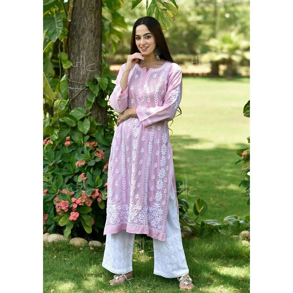 Long Modal Cotton Pink Chikankari Kurti