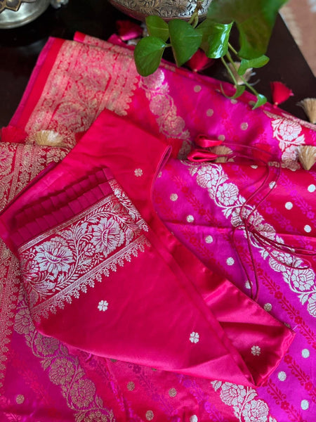 Banarasi Satin Silk Saree with leheriya style weaving and Stitched Blouse