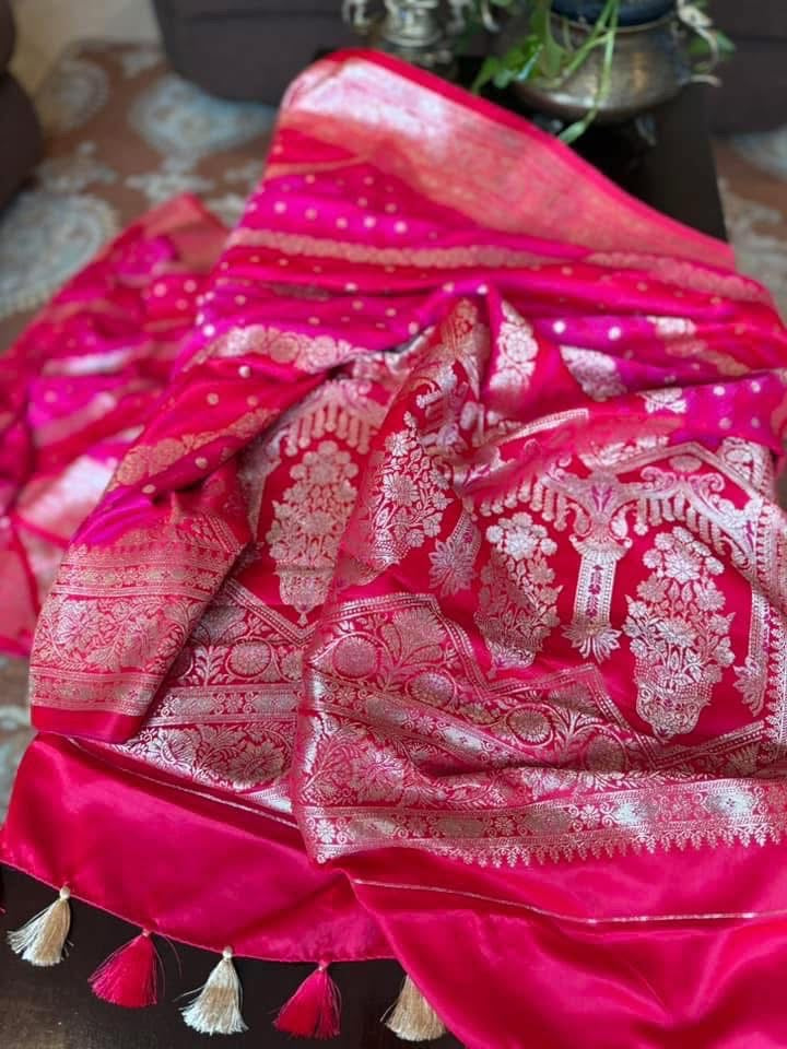 Banarasi Satin Silk Saree with leheriya style weaving and Stitched Blouse