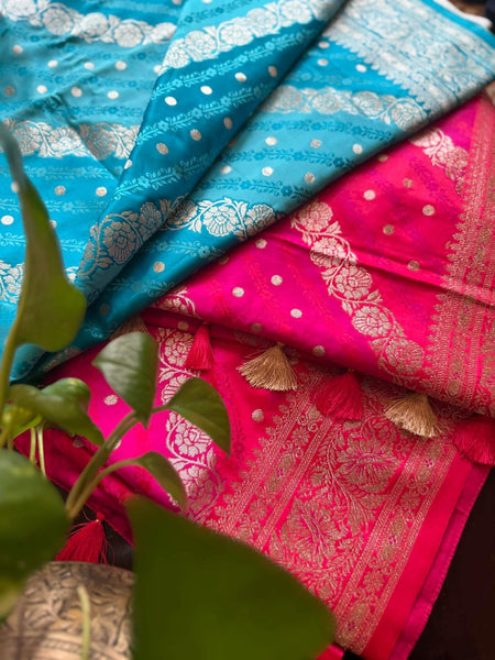 Banarasi Satin Silk Saree with leheriya style weaving and Stitched Blouse