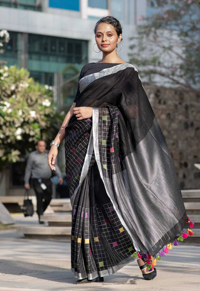 Black cotton linen saree with silver border and sparkling silver pallu