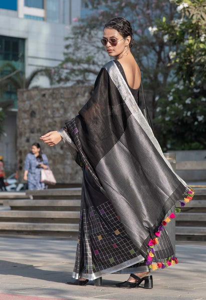 Black cotton linen saree with silver border and sparkling silver pallu