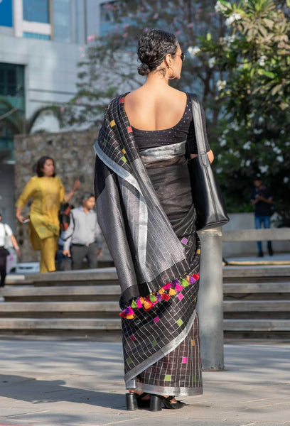 Black cotton linen saree with silver border and sparkling silver pallu