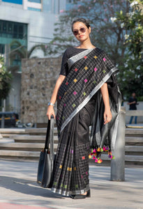 Black cotton linen saree with silver border and sparkling silver pallu