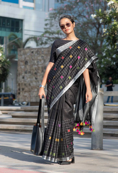 Black cotton linen saree with silver border and sparkling silver pallu