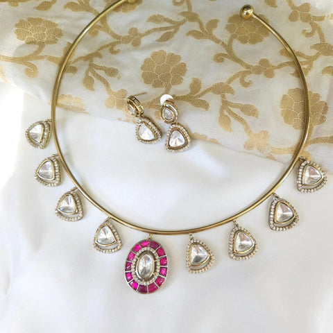 Ruby Kundan Gold Hasli Necklace Set
