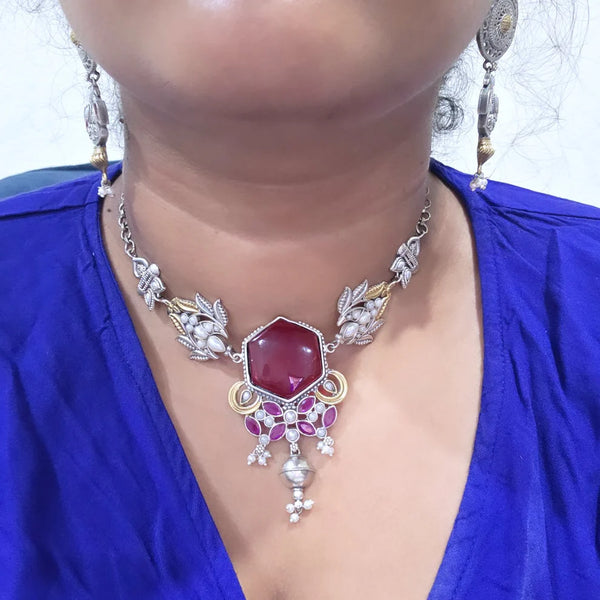 Anchal silver alike necklace set with Earrings