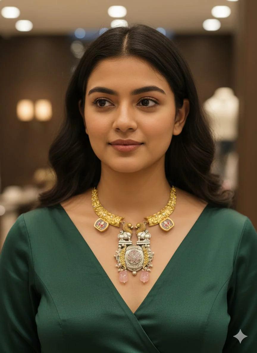 Real Silver Look Alike Kundan Brass Stone Hasli Necklace and Earring Set