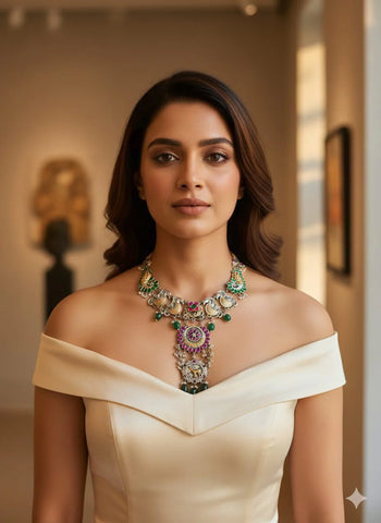 Silveralike Dualtone Brass Kundan Multicolor Green Choker Necklace Set