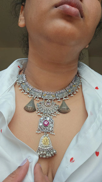 Silveralike Dualtone Brass Choker Hasli Necklace and Earring Set