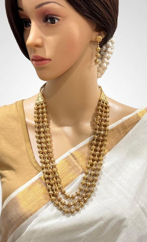 Triple Gold Mala Necklace Strand with Earrings