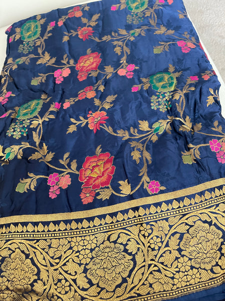 Navy Blue Floral Khadi Georgette Saree