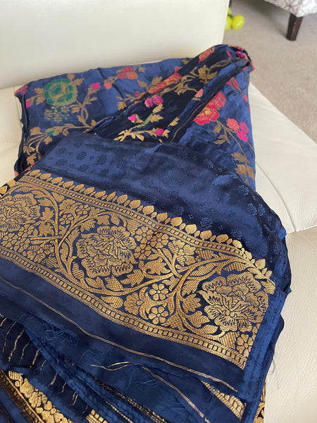 Navy Blue Floral Khadi Georgette Saree