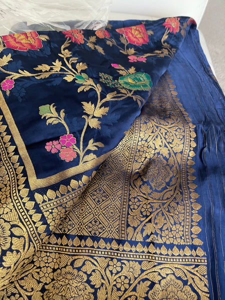 Navy Blue Floral Khadi Georgette Saree