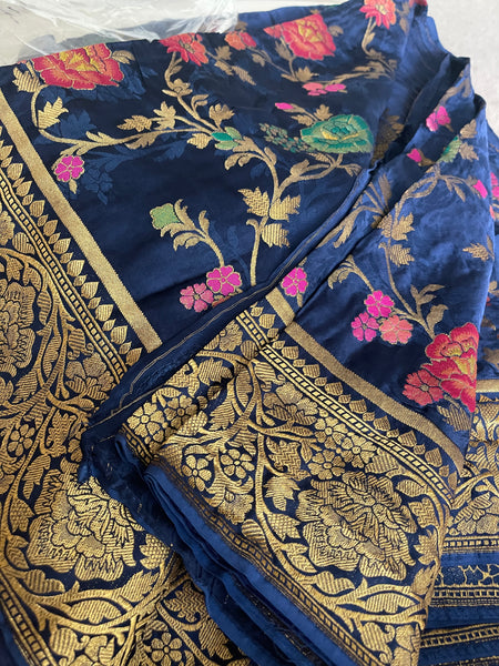 Navy Blue Floral Khadi Georgette Saree