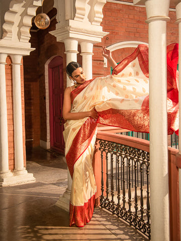 White and Red Pure Banarasi Katan Silk Saree