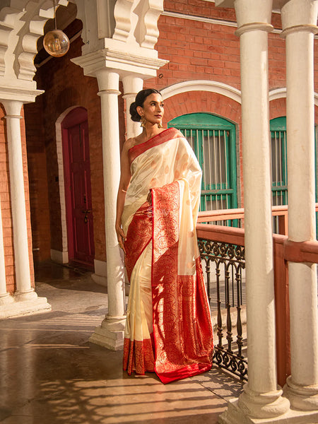 White and Red Pure Banarasi Katan Silk Saree