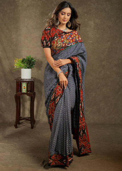 BLUE COTTON IKAT CHECKS SAREE with KALAMKARI AND AJRAKH BORDER
