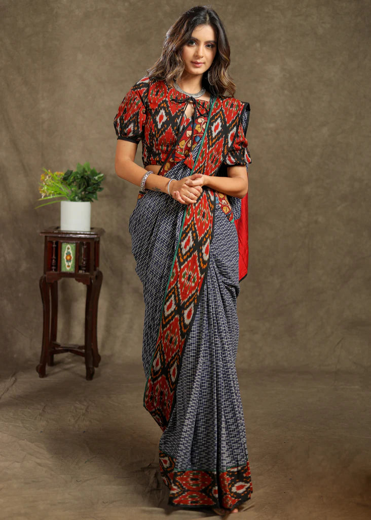 BLUE COTTON IKAT CHECKS SAREE with KALAMKARI AND AJRAKH BORDER