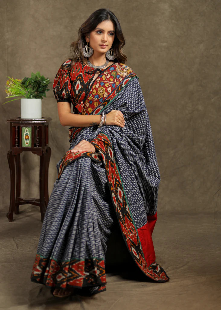 BLUE COTTON IKAT CHECKS SAREE with KALAMKARI AND AJRAKH BORDER