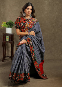 BLUE COTTON IKAT CHECKS SAREE with KALAMKARI AND AJRAKH BORDER