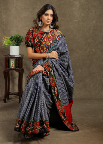 BLUE COTTON IKAT CHECKS SAREE with KALAMKARI AND AJRAKH BORDER