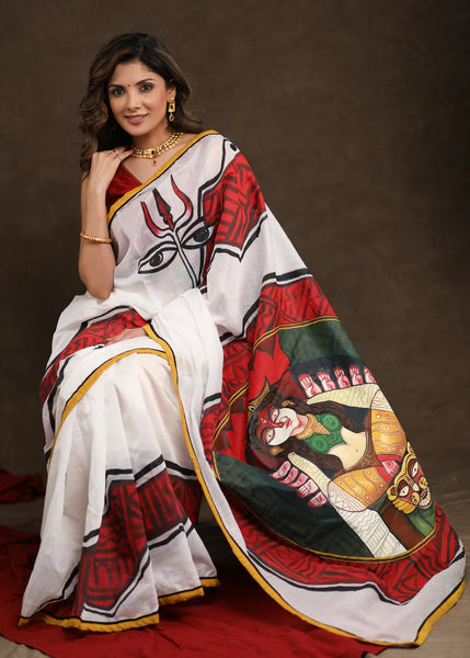 ABSTRACT HAND PAINTED MAA DURGA CHANDERI SAREE