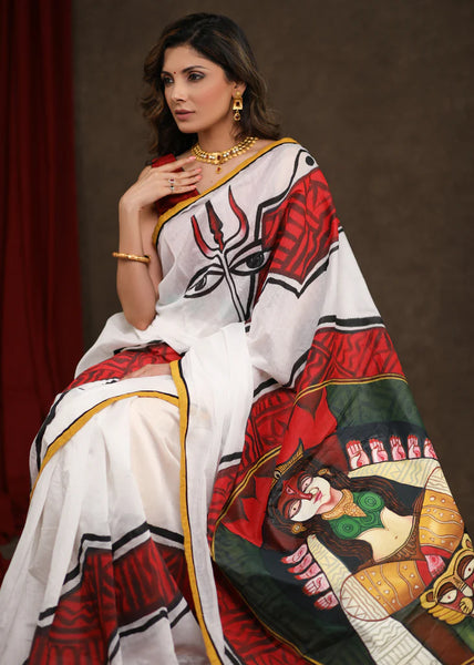 ABSTRACT HAND PAINTED MAA DURGA CHANDERI SAREE